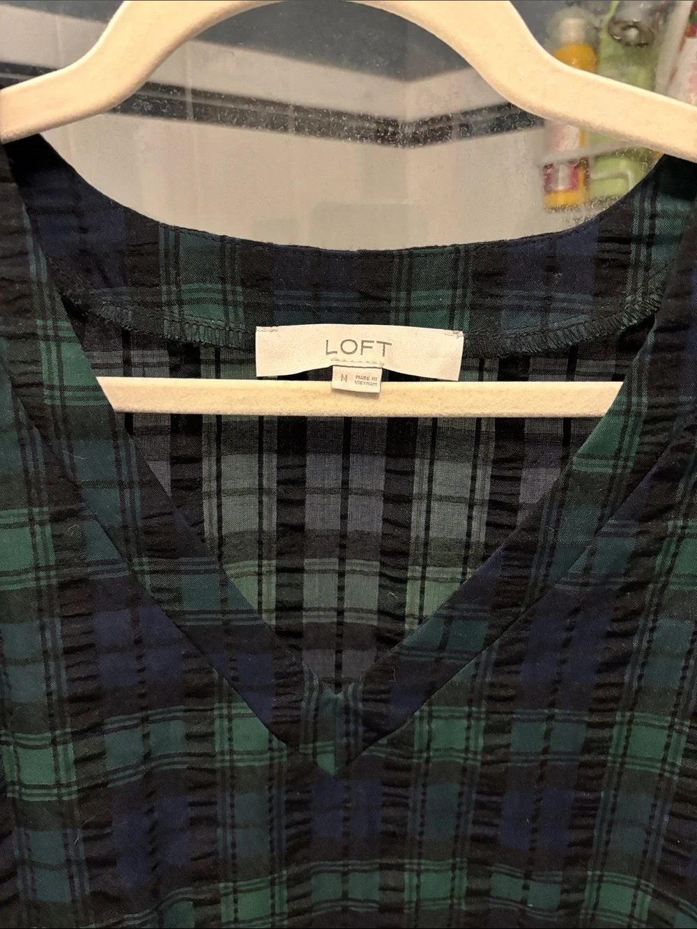 LOFT Black and Green Plaid V-Neck Puff Sleeve Top